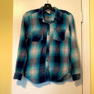 Black and Grey with Teal Plaid Button Up Top